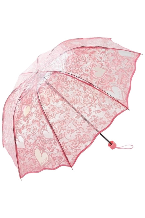 Lace Heart Transparent Folding Umbrella, Romantic Windproof Travel Umbrella for Rain Sun