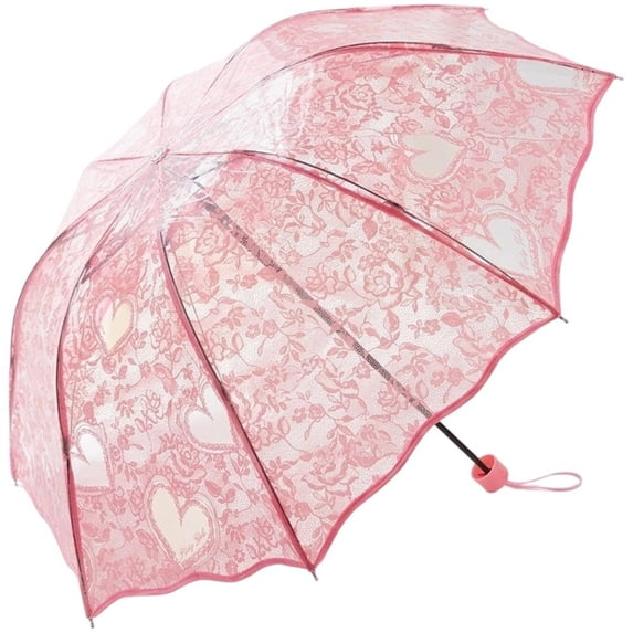 Slccxzc Lace Heart Transparent Folding Umbrella, Romantic Windproof Travel Umbrella for Rain Sun