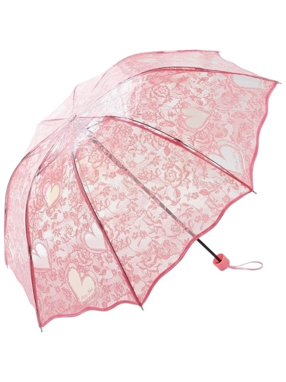 Lace Heart Transparent Folding Umbrella, Romantic Windproof Travel Umbrella for Rain Sun