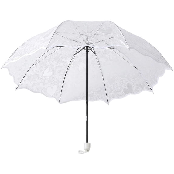 Slccxzc Lace Heart Transparent Folding Umbrella, Romantic Windproof Travel Umbrella for Rain Sun