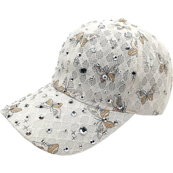 Slccxzc Lace Rhinestone Baseball Cap Bow-knot Butterfly Adjustable Sun Protection Hat Casual Outdoor Sports Visor for Women