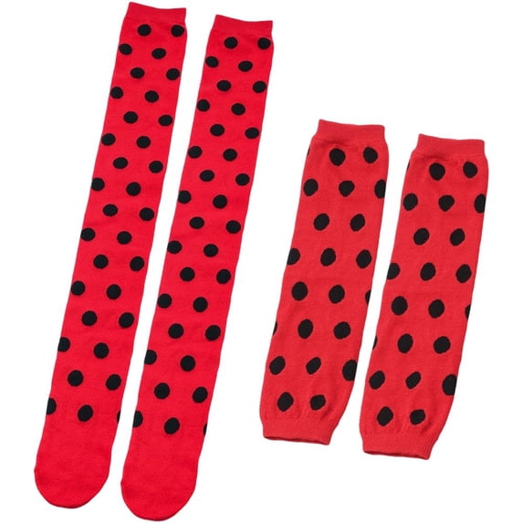 Slccxzc Ladybird Dots Pattern Fingerless Gloves and Thigh High Socks Set