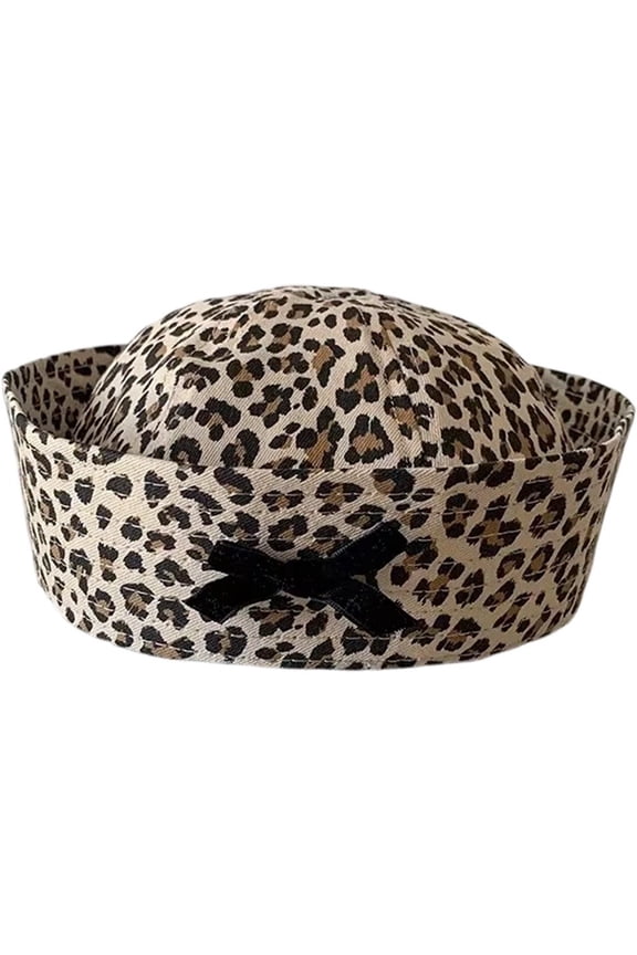 Leopard Print Sailor Hat with Bow Women Vintage Beret Flipped Brim Beret Cap for Halloween Accessory