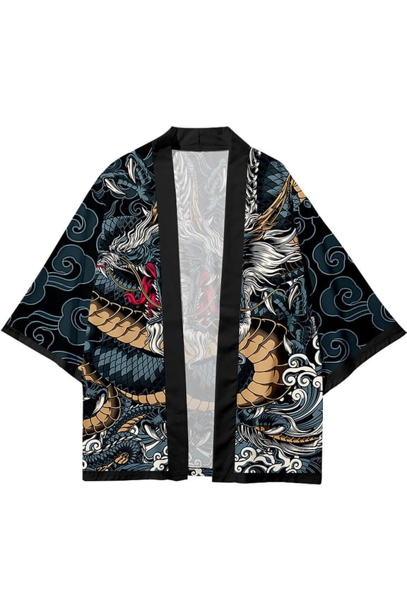 Men's Dragon Snake Pattern Kimono Cardigan Short Robe Samurai Coat Cape