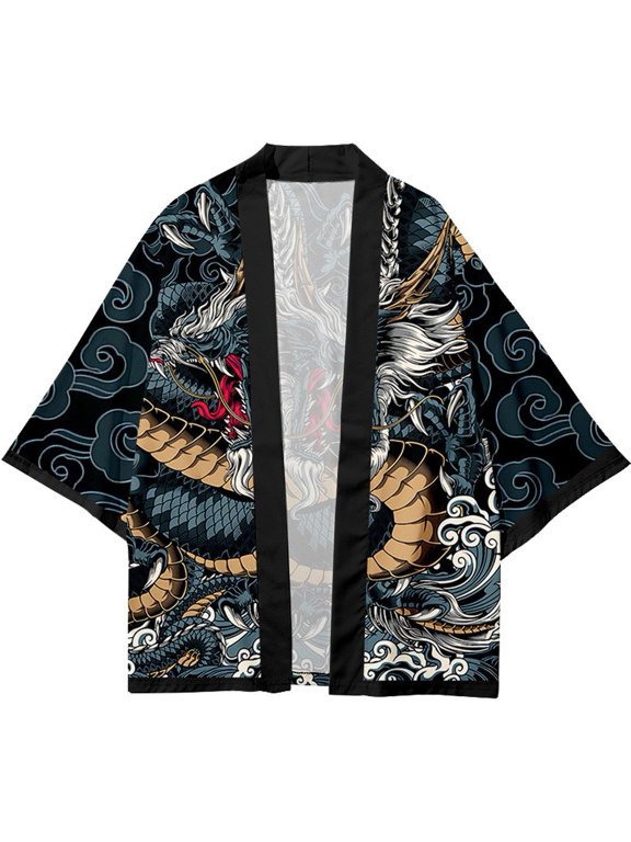 Men's Dragon Snake Pattern Kimono Cardigan Short Robe Samurai Coat Cape
