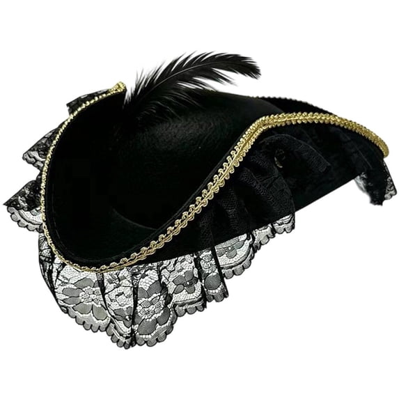 Slccxzc Non Woven Fabric Tricorn Pirate Hat Feather Lace Trim Adult Headwear