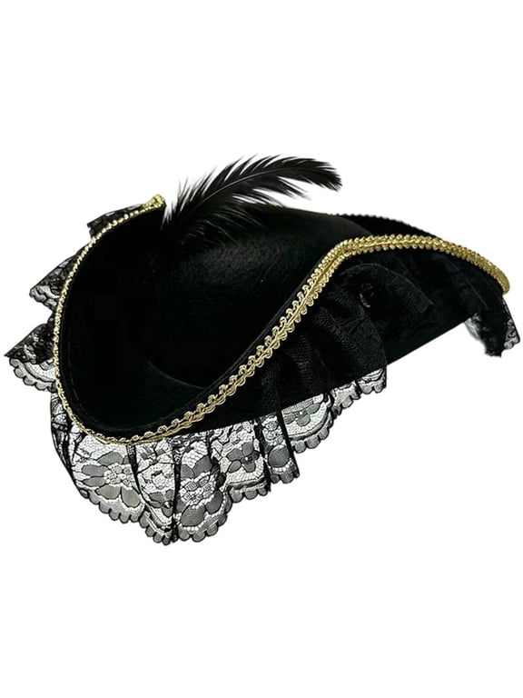 Non Woven Fabric Tricorn Pirate Hat Feather Lace Trim Adult Headwear
