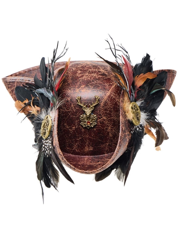 PU Tricorn Pirate Hat Feather Decor Adult Headwear