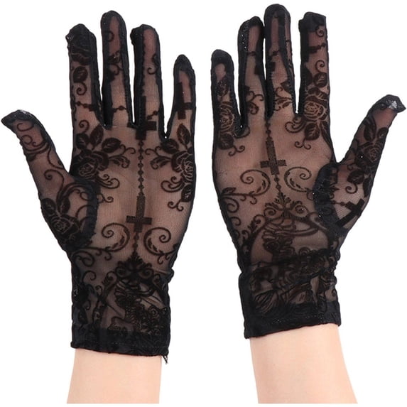 Slccxzc Rose Cross Lace Short Opera Gloves Full Finger Mesh Gloves for Evening Prom