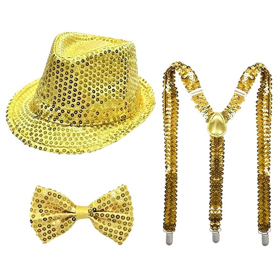 Slccxzc Sequin Fedora Hat Set with Suspenders & Bow Tie, Sparkly Party Costume Accessories for Men Women