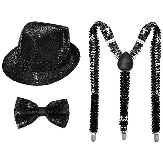 Slccxzc Sequin Fedora Hat Set with Suspenders & Bow Tie, Sparkly Party Costume Accessories for Men Women