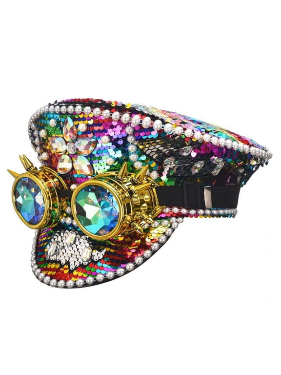 Sequined Diamonds Punk Party Hat with Goggles Steampunk Military Hat