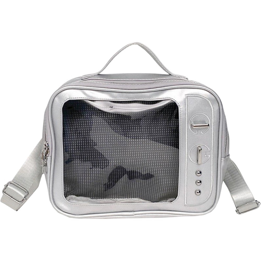Slccxzc Silver TV Design Ita Bag PU Leather Pin Display Backpack Crossbody Shoulder Bag