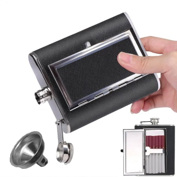 Slccxzc Stainless Steel Hip Flask with Cigarette Case and Leather Wrapped Cover Funnel