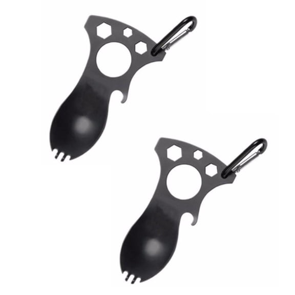 Slccxzc Stainless Steel Outdoor Multi Function Spoon Fork Set ,Bottle Opener Carabiner Camping Picnic Tableware Tactical Spork