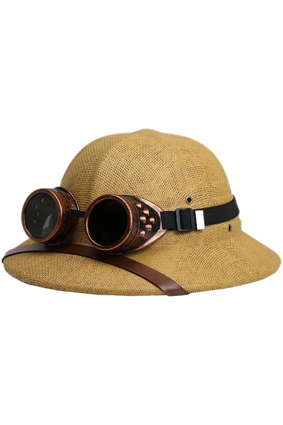 Straw Pith Helmet Sun Hat with Removable Goggles Safari Jungle Cap