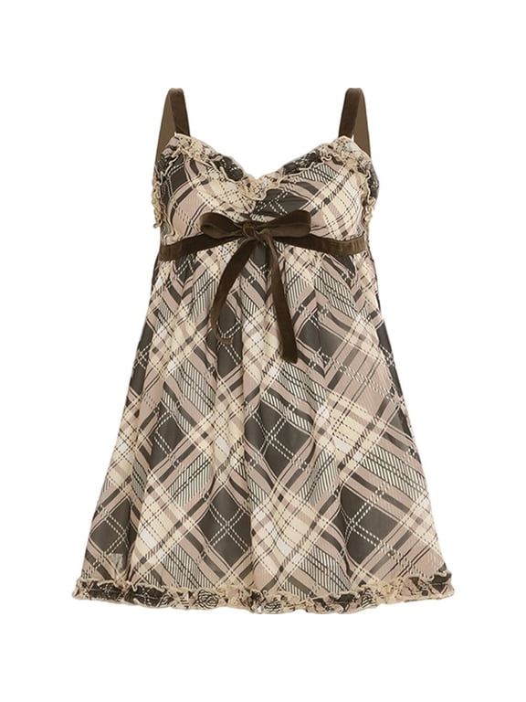Sweet Plaid Mini Dress Bow Cute Simple Camisole Dresses Tops Fashion All-Match Retro Women Home Clothing