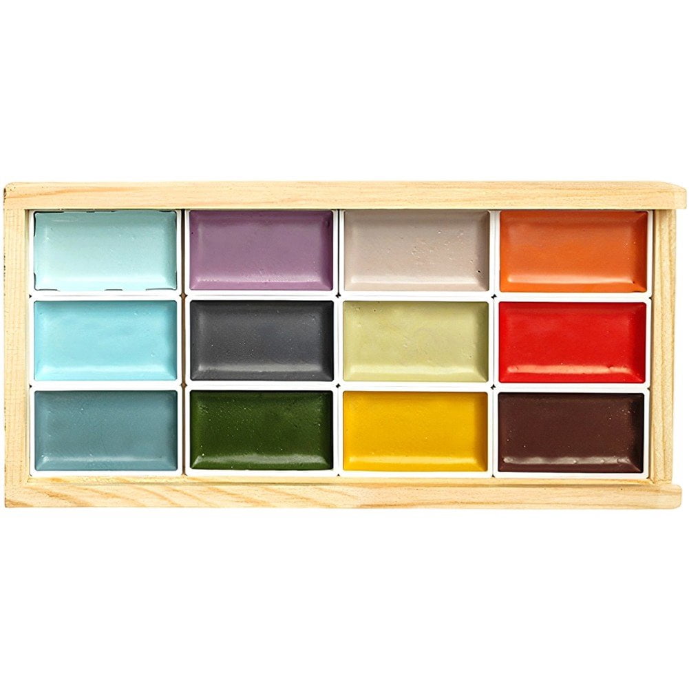 Slccxzc Traditional Chinese Watercolor Paint Set, 12 Vibrant Solid Colors Travel Art Kit