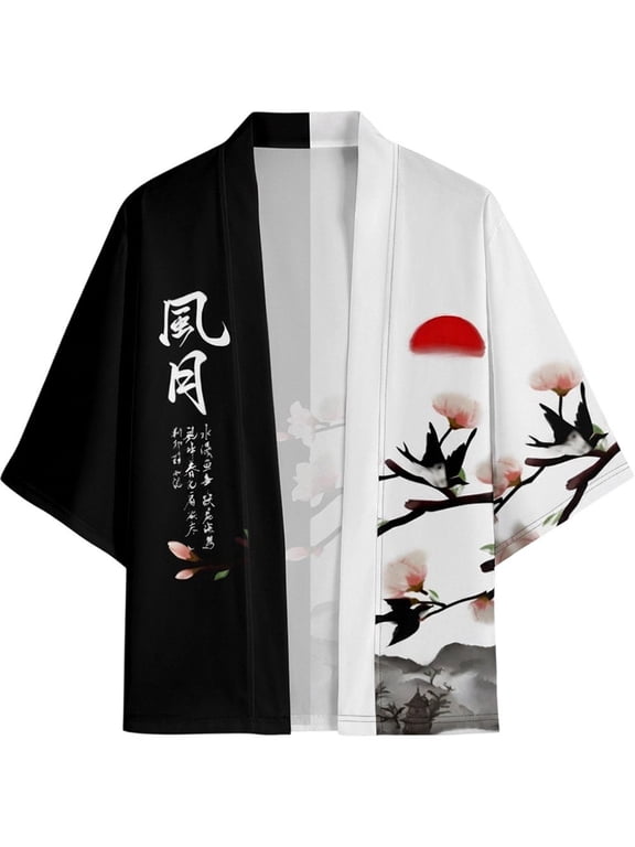 Unisex Black White Kimono Samurai Tops Trendy Casual Cardigan Yukata Traditional Clothing