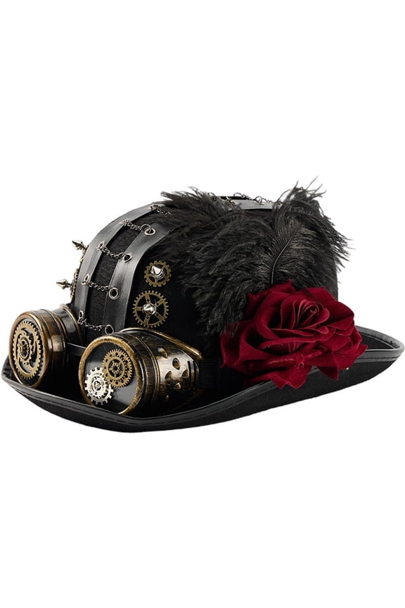Unisex Steampunk Top Hat Victorian Round Hat With Goggles Gear Chain And Rose Flower Gothic Headpiece For Halloween