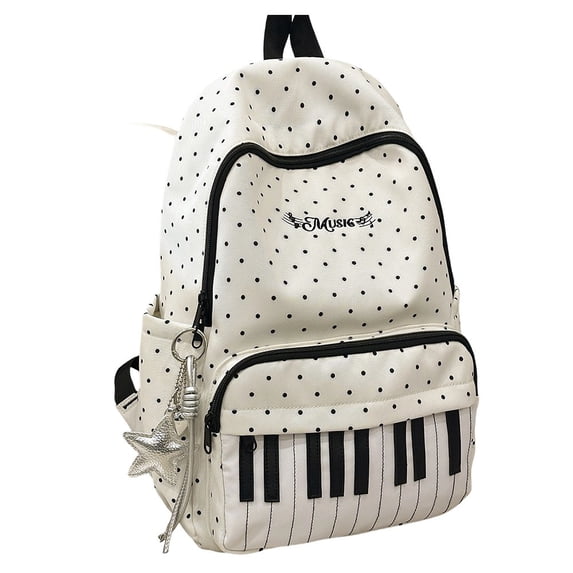 Slccxzc White Piano and Polka Dot Print Large Capacity Backpack Casual Travel Shoulder Bag, 1 Piece