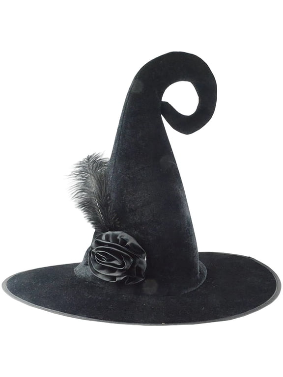 Wide Brim Witch Hat With Feather Rose Pointed Cap, Witch Headwear for Halloween Party