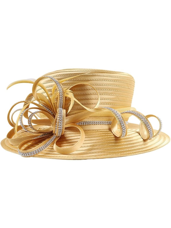 Women Wide Brim Hat, Satin Cloth Rhinestone Church Hat, Elegant Wedding Photography Hat Female Banquet Fascinator Formal Hat Tea Party Hat
