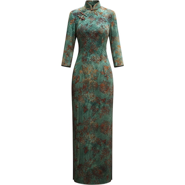 Slccxzc Women's Green Long Cheongsam XXL Chinese Traditional Qipao Dress Elegant Embroidery Evening Costume, Size: 2XL