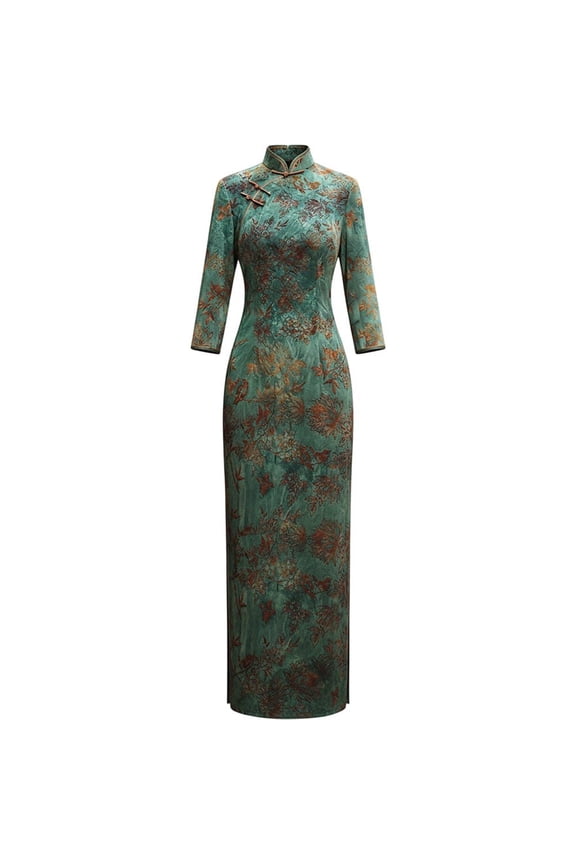 Women's Green Long Cheongsam XXL Chinese Traditional Qipao Dress Elegant Embroidery Evening Costume
