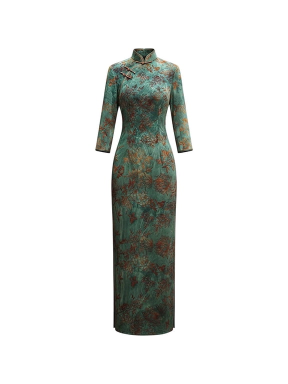 Women's Green Long Cheongsam XXXL Chinese Traditional Qipao Dress Elegant Embroidery Evening Clothing