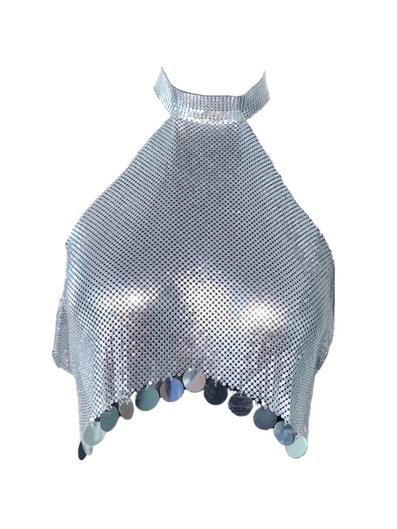 Women's Halter Sequin Crop Tank Top, Backless Tie Up Sparkly Cami Top for Party Clubwear