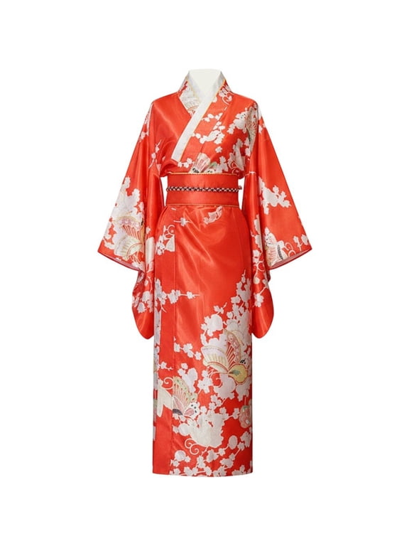 Women's Kimono Robe, Japanese Traditional Yukata Bathrobe for Parties, Red, 1 Set