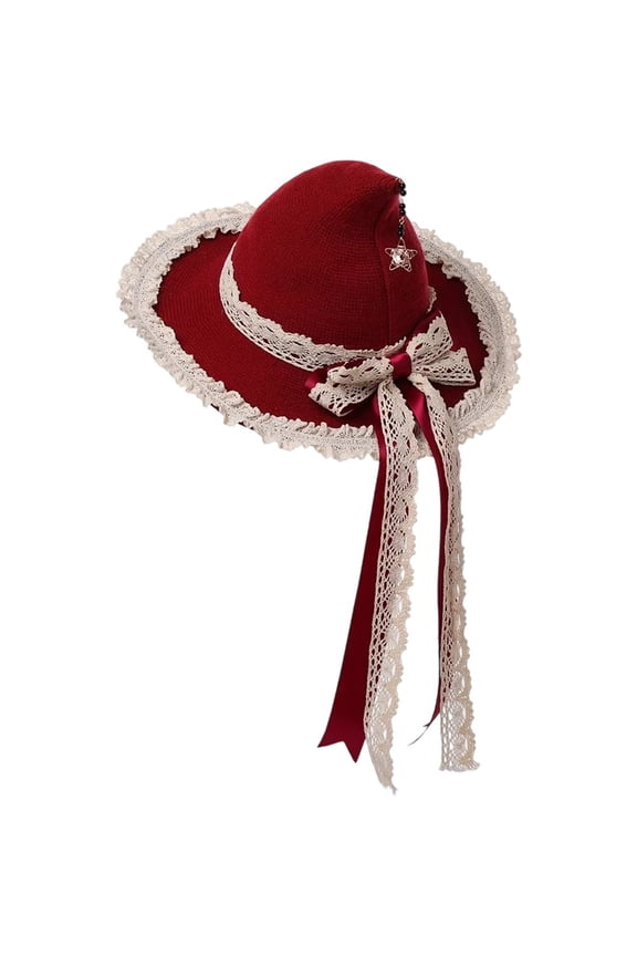 Womens Witch Hat Lolita Lace Bow Wizard Hats Gothic Witch Pointed Cap for Halloween Party Headwear