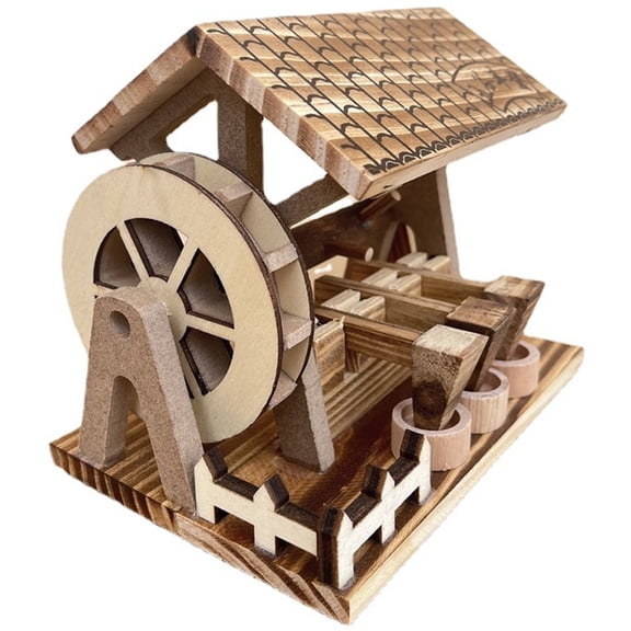 Slccxzc Wooden Hand Crank Water Mill Model, Country Style Miniature House Craft for Desktop Decor