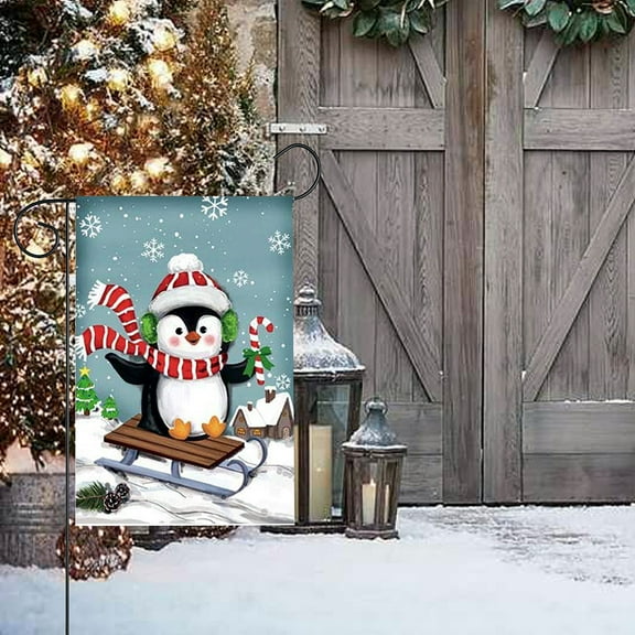 Sledding Penguin Christmas Garden Flag - 12 x 18, Cute Winter Garden Accessories