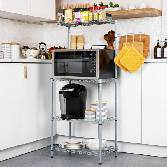 Sleek 3-Tier Microwave Rack with Storage, Metal Kitchen Shelf, Silver, 21.25L x 13.5W x 49.5H