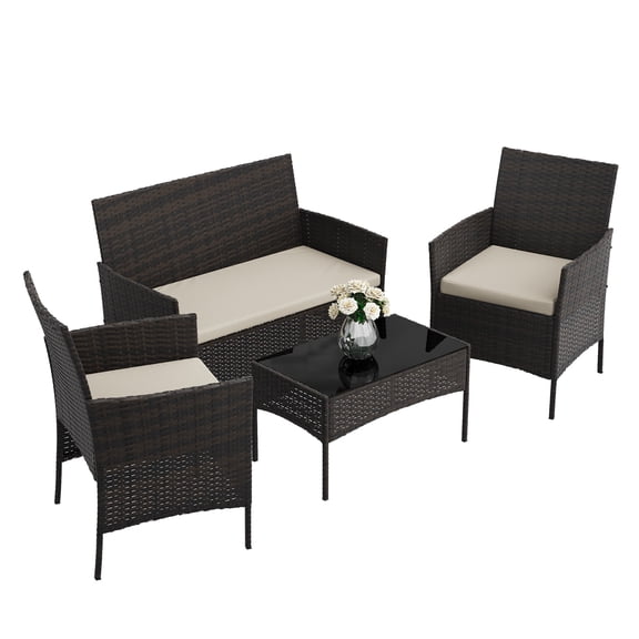 Sleek 4-Piece Outdoor Patio Bistro Set – Modern Black Rattan with Creamy-White Cushions, 2 Chairs, Loveseat, Tempered Glass Coffee Table, Weather-Resistant Furniture for Garden, Balcony, Porch