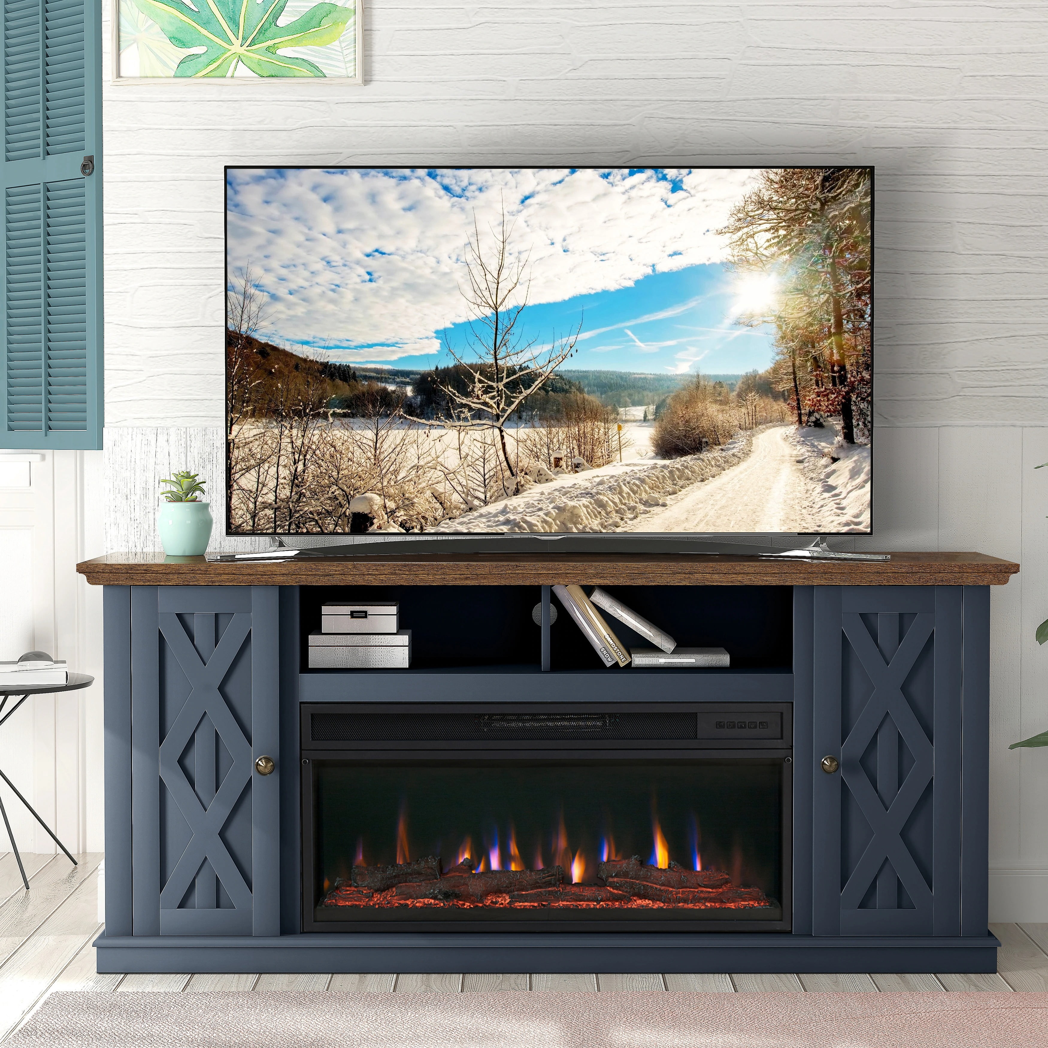 Sleek 68" TV Stand with Integrated 36" Electric Fireplace-Blue