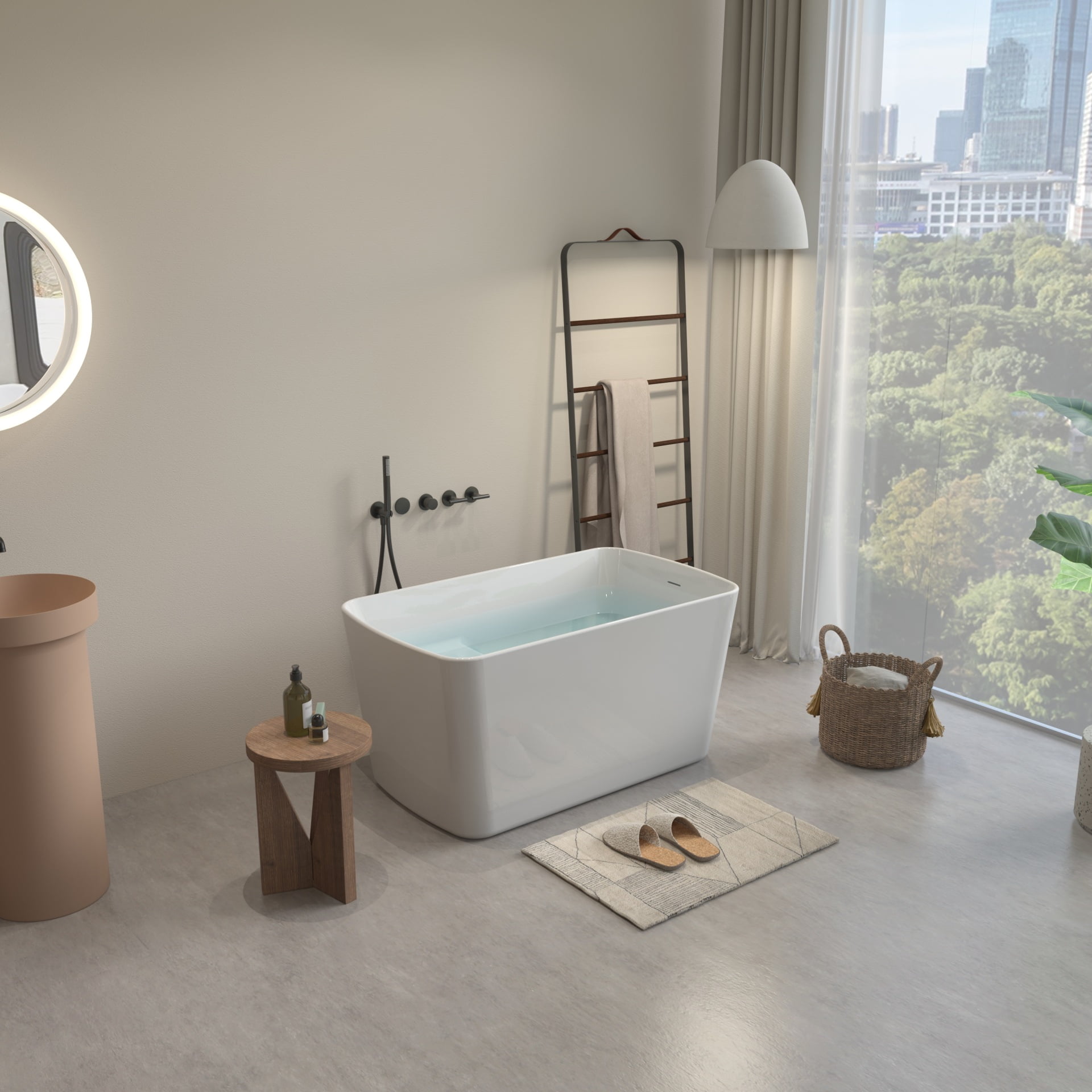 Sleek  Acrylic Freestanding Soaking Bathtub with Sit-In Design,49"L Modern Stand Alone Flatbottom Soaking Tub with Overflow and Drain, Minimalist Tub for Bathroom, Living Spaces