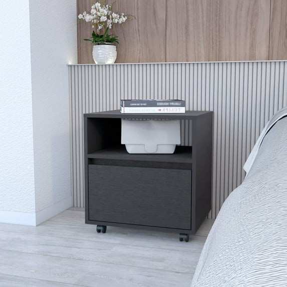 Sleek And Practical Black Nightstand With 1 Drawer Rolling Feature Spacious Easy Mobility