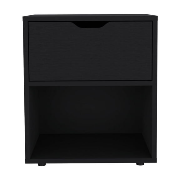 Sleek Black Bedside Table with Open Shelf and Drawer for Bedroom Storage