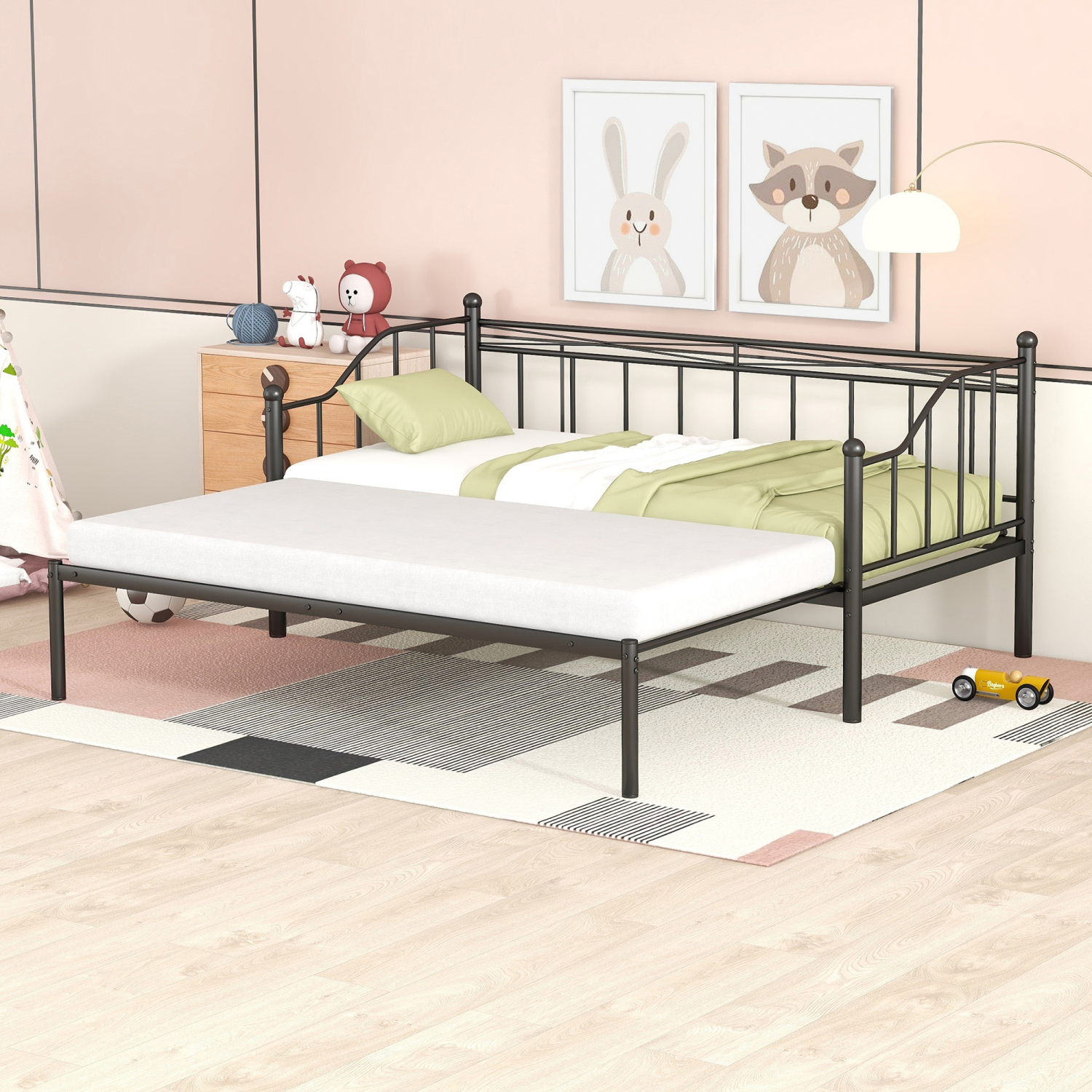 Sleek Black Metal Twin Daybed with PullOut Trundle Steel Frame