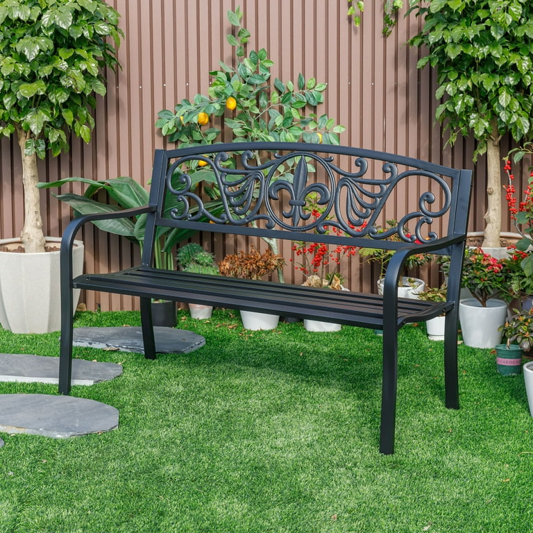 Sleek Black Steel and Cast Iron Garden Bench in Timeless Black