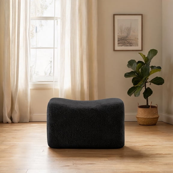 Sleek Black Teddy Fabric Ottoman Indoor Extra Seating Foot Rest Contemporary Minimalist Large Size