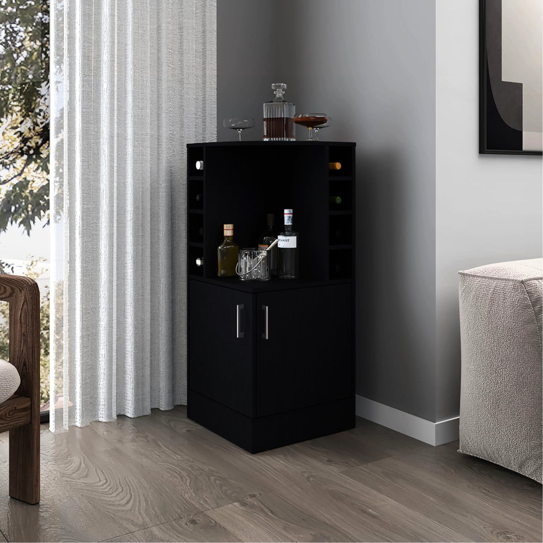 Sleek Black Three - Shelf Bar Cabinet with Bottle Rack - Display and ...