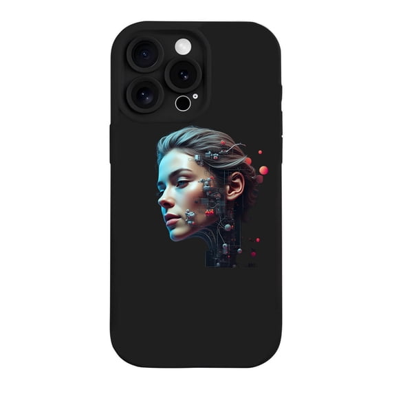 Sleek Black iPhone 15 Pro Case with Artistic Circuitry Face Design - Lightweight Yellowing Resistant Futuristic Aesthetic