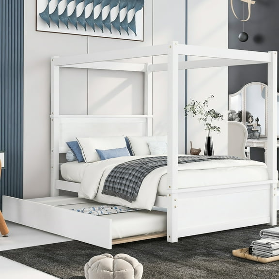 Sleek Canopy Bed With Trundle, Provide A Private Sleeping Area Modern Space Saving Solution, Full Size, White