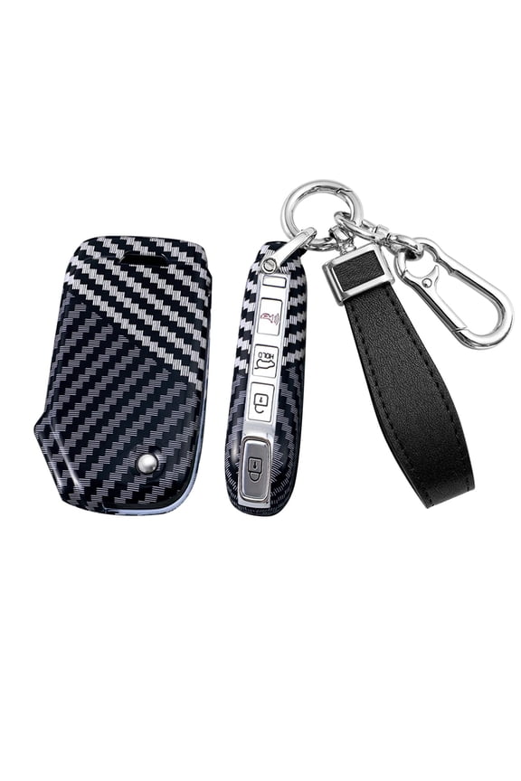 Sleek Carbon Fiber Design 3 4 Button Flip Remote Key Fob Protector with Leather Keychain Compatible with Kia K5 Forte Seltos Soul Sportage Sorento Cerato 2023 2024 Models