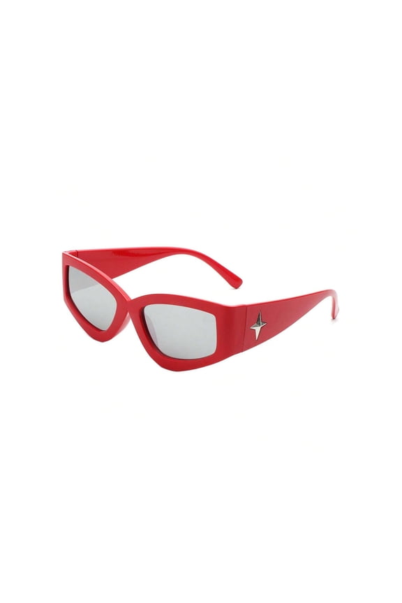 Sleek Cat Eye Sunglasses, Red Frame with Silver Mirror Lenses & Star Detail