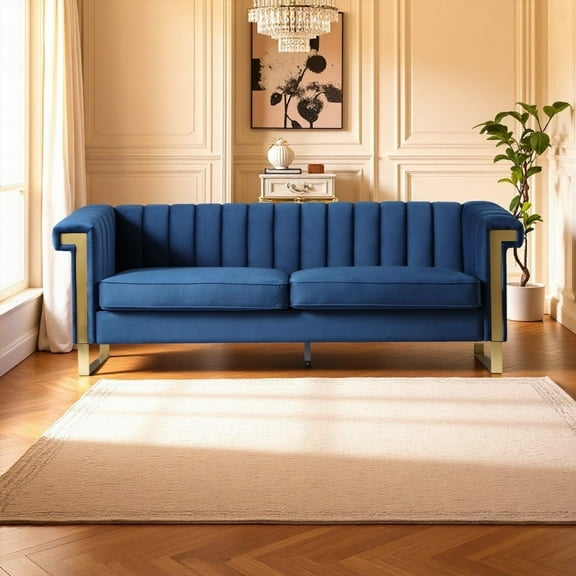 Sleek Channel-Tufted Black Velvet Sofa - 3-Seater with Gold Legs for Modern Homes